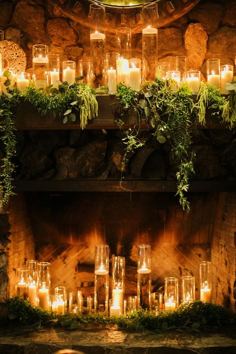 Christmas Wedding Fireplace, Wedding Flowers Fireplace, Wedding Fireplace Decor, Wedding Fireplace Decorations, Fireplace Flowers, Wedding Mantle, Wolf Wedding, Mantle Candles, Wedding Fireplace