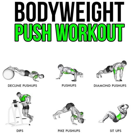 Push Day Bodyweight Workout, Chest Bodyweight Workout Push Up, Arm Workout Bodyweight Push Up, Push Pull Bodyweight Workout Routine, Push Pull Bodyweight Workout, Bodyweight Push Workout, Push Workouts, Basic Calisthenics, 2x4 Wall, Workout Programs For Men, Core Workout Challenge, Calisthenics Workout Routine, Calisthenics Workouts, Hiit Workout Plan, Body Sculpting Workouts