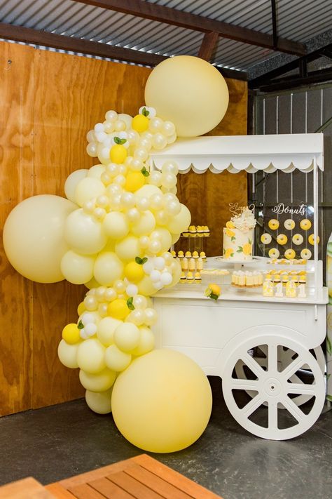 Lemonade Decorations Parties, Lemon Themed Party Backdrop, Lemon Hens Party, Lemon Theme Birthday Party Decorations, One In A Lemon First Birthday, Yellow Backdrop Party Ideas, Lemon Theme Balloon Garland, Pastel Yellow Balloon Garland, Lemon Theme Balloon Arch