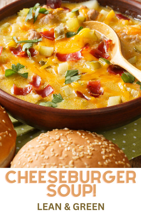 Cheesy cheeseburger soup! Optavia Lean And Green Soup Recipes 5&1, Lean And Green Meals Optavia Soup, Lean And Green Cheeseburger Soup, Quick Optavia Lean And Green Meals, Lean And Green Soups, Optavia Soups Recipes, Optavia Recipes Lean And Green, Lean And Green Soup Recipes, Optavia Soups