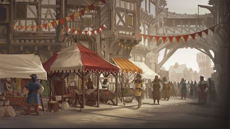 Market Place Fantasy Art, Fantasy Marketplace Concept Art, Village Festival Aesthetic, Medieval Fantasy Village Concept Art, Fantasy Market Art, Medieval Town Concept Art, Market Fantasy Art, Dnd Festival, Fantasy Town Concept Art