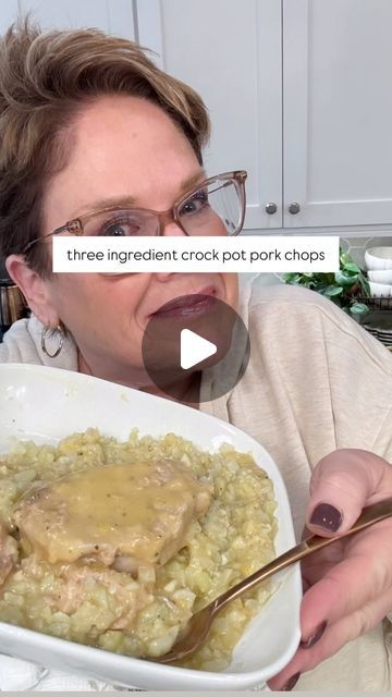 Tina Schaible on Instagram: "EASY SLOW COOKER DINNER! Three ingredient slow cooker pork chops.  What could be bad about cream of chicken soup and ranch?! (Don’t answer that!🤣) this literally took 5 minutes to throw together and the house smelled so good while it was cooking!  Let me know if you try it. 

Three ingredient slow cooker pork chops:

1.  6 pork chops (I used thick boneless)
2.  2 cans cream of chicken soup
3.  2 packets ranch dressing mix 

Spray your slow cooker, arrange pork chops in a single layer, cover with soup and top with ranch dressing mix. 

Cook on low for 6 hours or high for 4.

Serve over mashed potatoes, wide egg noodles or cauliflower rice like I did. Salt and pepper to taste. 

Enjoy!!

#crockpot #crockpotmeals #easydinner #slowcookerrecipes" Crockpot Pork Chops And Rice, Pork Chops In The Crock Pot Boneless, Crockpot Pork Chop Recipes, Boneless Pork Chops Crock Pot, Tina Schaible, Easy Slow Cooker Dinner, Pork Chop Recipes Crockpot, Crockpot Pork Chops, Slow Cooker Pork Chops