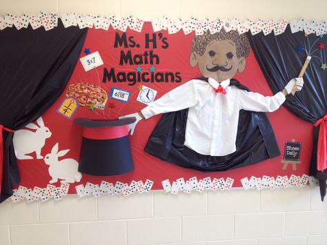 First Bulletin Board of year 2015-16 for my daughter Johanna's third grade classroom. She provided the idea and inspiration. I added the rabbits--'cause they're great multipliers! Magician Bulletin Board Ideas, Magic Themed Bulletin Boards, Magic Bulletin Board Ideas, Data Boards, Magical Theme, Interactive Bulletin Boards, Class Door, Magic Theme, Third Grade Classroom