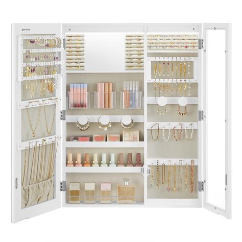 PRICES MAY VARY. [Multifunctional 3-in-1 Design] Open the doors of this jewelry cabinet and neatly store your accessories and cosmetics. Check your outfit in the large mirror of the cabinet and admire your shining pieces through the glass window [Wider Cabinet] This LED jewelry organizer, measuring 3.9 x 23.6 x 31.5 inches, offers ample storage space for various jewelry and makeup tools. Bid farewell to tangled jewelry, as this spacious cabinet keeps your precious items perfectly organized [Ligh Jewelry Cabinet Mirror, Glass Window Wall, Jewelry Storage Wall, Mirror Jewelry Storage, Interior Mirror, Mirror Jewelry Armoire, Mirror Jewellery Cabinet, Mirror Led, Jewelry Organizers