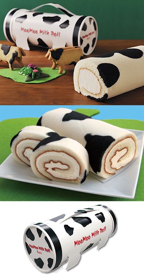 Roll Cake Packaging, Cake Packaging Design, Swiss Roll Cakes, Swiss Roll Cake, Cake Rolls, Milk Packaging, Log Cake, Moo Moo, Bakery Packaging