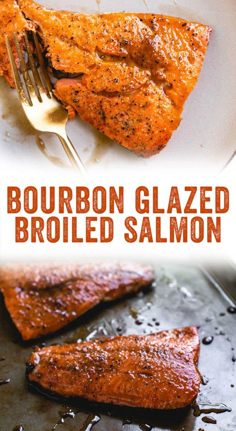 This bourbon glazed salmon is full of savory sweet flavor. It's an easy way to get perfectly cooked fish on the table: it cooks in 5 minutes! #salmon #salmonrecipe #bourbon #bourbonglazedsalmon #bourbonsalmon Broiled Salmon Recipes, Bourbon Salmon, Bourbon Glazed Salmon, Air Fryer Fish Recipes, Cooked Fish, Salmon Recipes Baked, Quick Salmon, A Couple Cooks, Bourbon Glaze