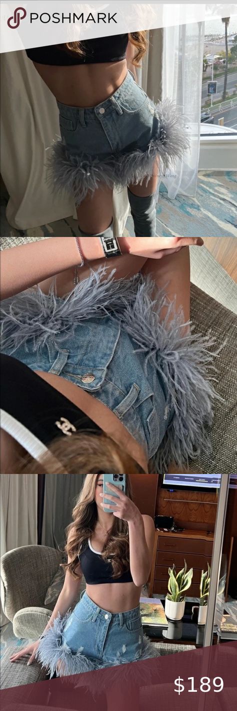 🎉New Denim High Rise Tassel Shorts With Ostrich Gray Feather Trim Feather Trim Shorts, Feather Trim Pants, Stagecoach Outfit, Tassel Shorts, Feather Trim, Shorts Outfit, Ostrich Feathers, Denim Shorts, Tassels