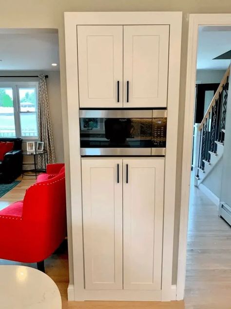 Pantry Perfect: Maximizing Space with a Microwave Integration - The Compact Kitchen Kitchen Pantry With Microwave, Corner Microwave, Pantry Design Ideas, Maximize Kitchen Space, Pantry Layout, Microwave Shelf, Microwave Cabinet, Compact Kitchen, Built In Microwave