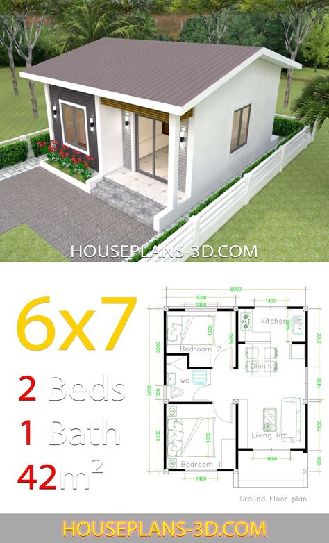 Small House Design 7x7 With 2 Bedrooms - House Plans 3D House Plans 3d, 2 Bedroom House Design, Gable Roof House, One Bedroom House Plans, Small House Blueprints, One Bedroom House, 3d House Plans, Two Bedroom House, 2 Bedroom House Plans