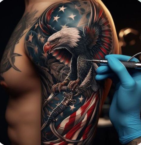 America Tattoos For Men, Forest Tattoo Arm, Bobby Tattoo, Flag Tattoos For Men, American Eagle Tattoo, Veteran Tattoo, Babe Tattoo, Dark Angel Tattoo, Usmc Tattoo