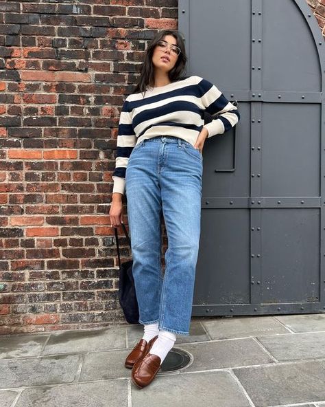 LAUREN CHAN on Instagram: "Serious question: Is this giving professor or sailor? 🎓⚓️ I can’t decide…but either way, I’m into it. And I’ll be wearing my favorite jeans (for real!) from @jcrew for the foreseeable future. 👖 They’re the 90’s Straight; I typically wear a 32 when I’m a 14 and a 33 when I’m a 16–and they’re about 50% off today! 🫶🏼 Link in Stories. 💙🤍💙🤍 - - - #ad #psstyle #plusblogger #plussizeblogger #plussizefashion #plusfashion #curvy #curvemodel #plusmodel #plussizemodel #no Brooklyn Film, Skirt Socks, Blouse Outfit, Romper Pants, Cardigan Coat, For Real, Favorite Jeans, Crew Neck Sweater, Tank Shirt