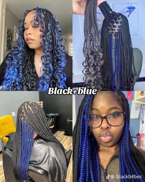 Royal Blue Knotless Braids, Blue And Black Hair Braids, Braids Color Combo Ideas, Blue Knotless Braids With Curls, Braids For Black Women Blue, Braids With Peekaboo Color, Blue Black Braids, Blue Peakaboobraids, Half And Half Braids Color