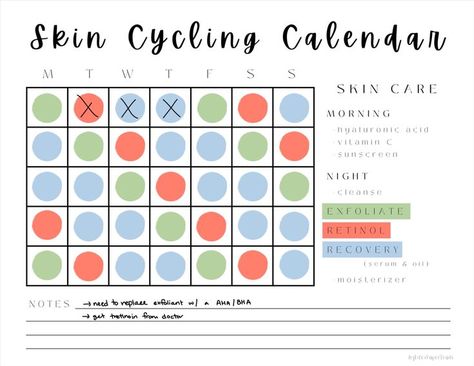 A skin cycling calendar to keep on track with your daily skin care and personal self care. Can be dowloaded and printed for paper use, or digital use through a desktop, Goodnotes, or Notability. Skin Cycling Calendar, 2024 Skincare, Skin Cycling, Self Care Printable, Planner Board, Paper Trail, Sensitive Skin Care, Daily Skin Care, Self Improvement Tips