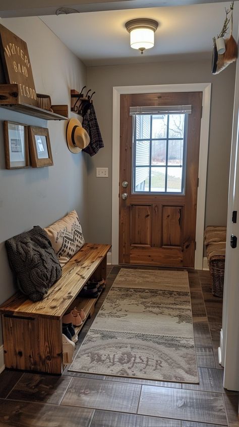 Cozy Entryway Space: A welcoming home entrance featuring a wooden door, bench, hat rack, and a textured runner rug. #home #entryway #wooden #door #bench #aiart #aiphoto #stockcake ⬇️ Download and 📝 Prompt 👉 https://stockcake.com/i/cozy-entryway-space_374037_60735 Ranch Home Entryway, Side Door Entrance Ideas Interior, Barndo Entryway, Cozy Home Entrance, Inside Porch Ideas Entrance, Western Entryway, Southwestern Entryway, Front Door Entryway Ideas, Front Door Hallway