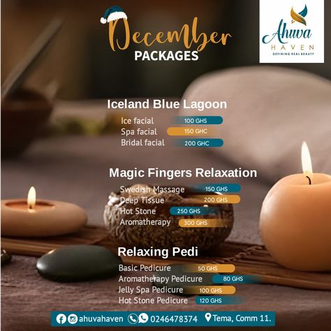 Spa December price list Bridal Facial, Ice Facial, Magic Fingers, Blue Lagoon Iceland, Swedish Massage, Hot Stones, Facial Spa, Deep Tissue, Real Beauty