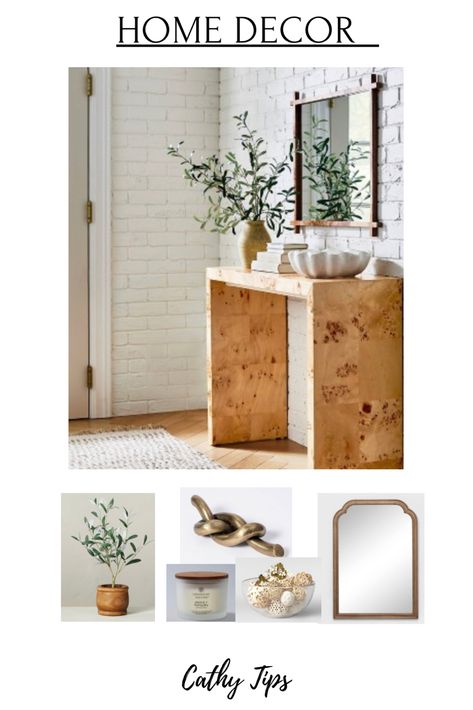 Burl Wood Console Table Entryway, Burlwood Console Table Styling, Burl Console Table, Burled Wood Console Table, Burl Wood Console Table, Burl Wood Console, Apartment 2023, Console Table Styling, Wood Arch