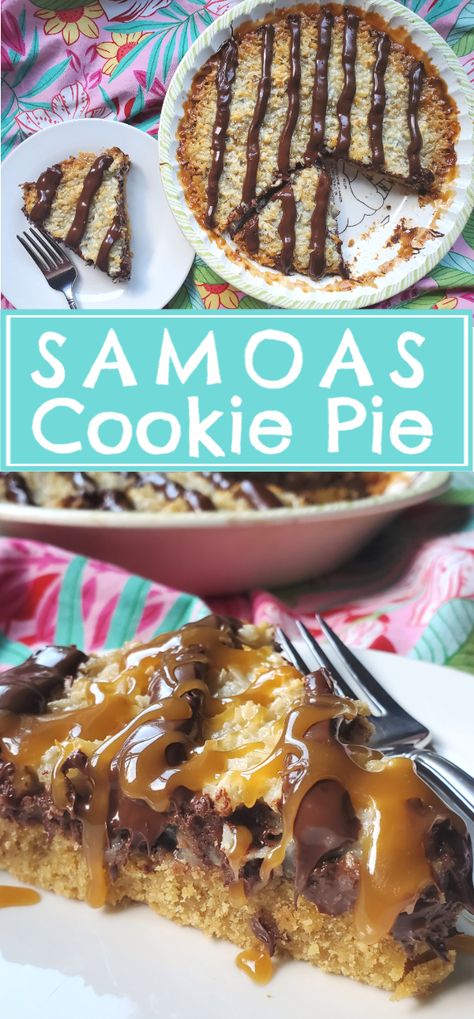 Samoas cookie pie with a homemade cookie crust, toasty coconut, salted caramel sauce and topped with chocolate stripes; no Girl Scout cookies required. Samoa Pie Recipe, Samoas Recipe, Baby Remedies, Samoa Cookies, Junk Foods, Homemade Cookie, Fruit Pies, Gluten Free Pie, Inflammatory Diet