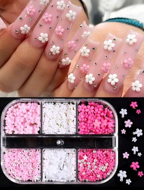 Y2k Nail Art, Y2k Nail, Pearl Diamond Jewelry, White Petals, Nail Jewels, Y2k Nails, Flower Nail, Gem Nails, Flower Nail Art