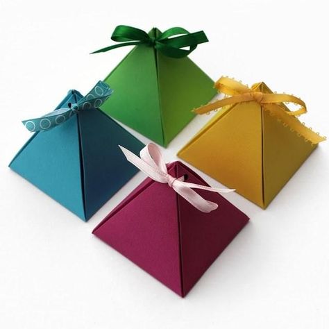 Make the gift wrap special, too, when you create with non-traditional wrapping materials or use what you already have in your closet in a whole new way.  Creative Gift Wrap Ideas | Create Whimsy Paper Pyramid, Gift Wrapping Tutorial, Pyramid Box, Paper Box Template, Folding Origami, Creative Diy Gifts, Simple Gift Wrapping, Gift Box Design, Gift Box Template