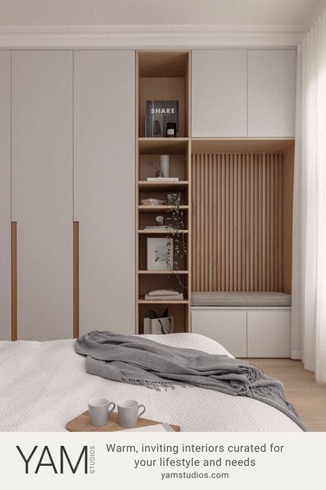 Scandinavian style wardrobe and seating nook with wood detailing Scandinavian Wardrobe Design, Japandi Wardrobe, Scandinavian Wardrobe, Seating Nook, Japandi Bedroom Design, Japandi Bedroom, Japandi Interior Design, Minimal Contemporary, Bespoke Wardrobe