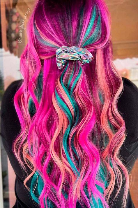 Bright Color Highlights, Multi Coloured Hair Ideas, Spring Hair Colour, Rainbow Hair Color Ideas For Blondes, Bright Color Ombre Hair, Bright Hair Dye Ideas, Low Maintenance Vibrant Hair Color, Fun Color Hair Ideas, Long Vivid Hair