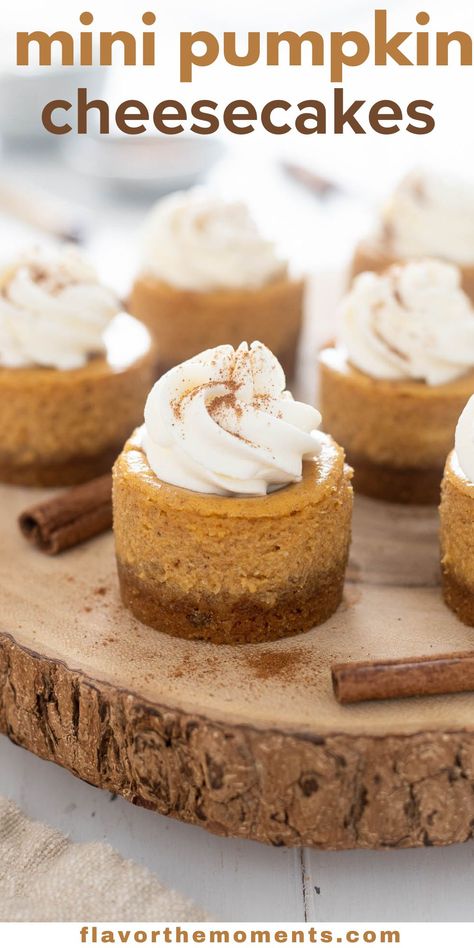 This Mini Pumpkin Cheesecake Recipe is an easy fall dessert that can be made in advance! They're creamy, packed with pumpkin and pumpkin spice flavor, and you won't be able to eat just one! #pumpkin #cheesecake #dessertrecipe Mini Pumpkin Desserts, Mini Pumpkin Cheesecake, Mini Cheesecake Recipes, Pumpkin Pie Cheesecake, Pumpkin Cheesecake Recipes, Pie Cheesecake, Fall Desserts Easy, Pumpkin Pies, Bite Size Desserts