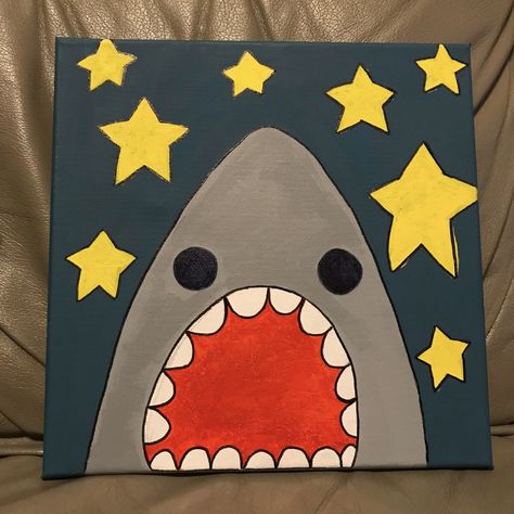 starry night shark painting on canvas Painting Ideas For Square Canvas, Small Things To Paint On Wall, Things To Paint On Square Canvas, Cute Shark Painting, Easy Square Canvas Painting, Painting Ideas On Canvas Square, Painting Ideas Square Canvas, Paint Marker Art Ideas Easy, Shark Painting Easy