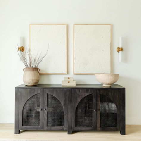 decor • Instagram Restoration Hardware Entryway, Credenza Decor, Cane Door, Sideboard Black, Top Grain Leather Sofa, Hallway Cabinet, End Of Bed Bench, Black Sideboard, Iron Hardware