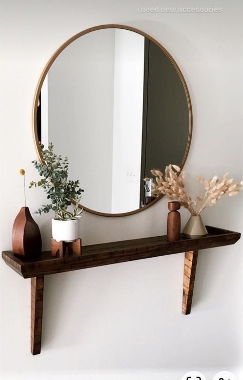 Wall With Mirror And Shelves, Mirror On Wall With Shelf, Entryway Ideas Floating Shelf, Mirror And Shelf Wall Decor, Mirror Shelf Decor, Shelf Under Mirror, Mirror With Shelves, Entrance Table Decor, Shelf Above Bed