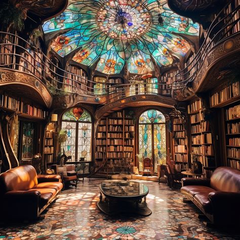 Mystical Library Aesthetic, Mystic Library Aesthetic, Fantasy House Interior Art, Large Home Library, Library With Stained Glass Windows, Ethereal Library, Interior Design Library, Fantasy Living Room, Giant Stained Glass Window