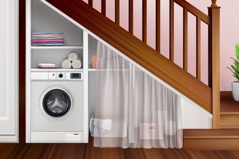 Under Stairs Storage With Tumble Dryer, Under Stairs Storage Tumble Dryer, Dryer Under Stairs, Tumble Dryer Under Stairs, Washer Dryer Under Stairs, Under Basement Stairs, Portable Dryer, Litter Robot, Open Stairs