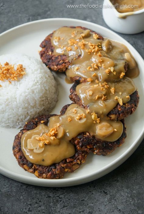 Burger Steaks and Mushroom Gravy (Jollibee Style, Vegan) - The Foodie Takes Flight Jollibee Burger, Burger Patty Recipe, Burger Steak, Local Fast Food, Vegetable Burger, Patty Recipe, Vegetarian Oyster Sauce, Mushroom Gravy Recipe, Vegan Entrees