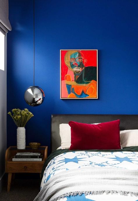 Cobalt Bedroom Ideas, Navy Red Bedroom, Bright Blue Interior Design, Blue On Blue Bedroom, Monochrome Blue Bedroom, Colorful Walls Bedroom, Blue Wall Bedroom Decor, Electric Blue Bedroom, Bright Blue Accent Wall