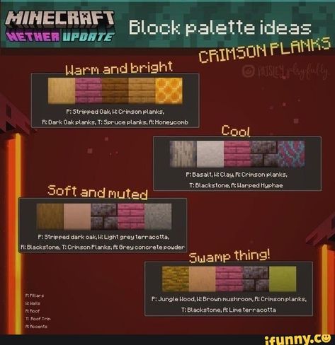 Found on iFunny Minecraft Color Palette, Block Pallets, Minecraft Building Guide, Minecraft Blocks, Minecraft Banner Designs, Minecraft Interior Design, Bangunan Minecraft, Minecraft Banners, Minecraft Room