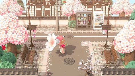 Acnh Cherry Blossom Clothes, Acnh Cherry Blossom Path Designs, Acnh Cherry Blossom, Acnh Sakura, Spring Acnh, City Acnh, Animal Crossing Cafe, Japanese Island, Acnh Paths