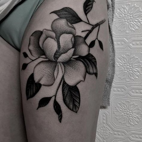 Justin Olivier Tattoo- magnolia  #tattoo #blackworksubmission Louisiana Magnolia Tattoo, Magnolia Neck Tattoo, Magnolia Tattoo Thigh, Magnolia Hip Tattoo, Traditional Magnolia Tattoo, Nola Tattoo, State Flower Tattoo, A Bird Tattoo, Floral Arm Tattoo