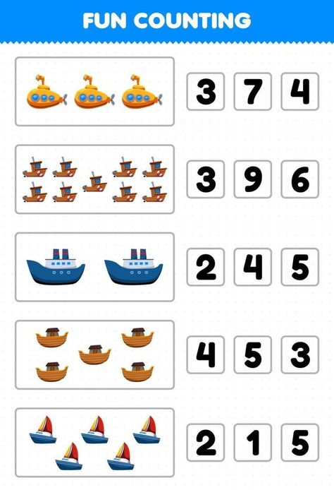 Education game for children fun counting and choosing the correct number of cartoon water transportation submarine boat ferry ship ark sailboat printable worksheet Transportation Preschool Activities, Transportation Theme Preschool, Transportation Worksheet, Preschool Craft Activities, Preschool Weather, Cartoon Water, Transportation Activities, School Age Activities, Transportation Crafts