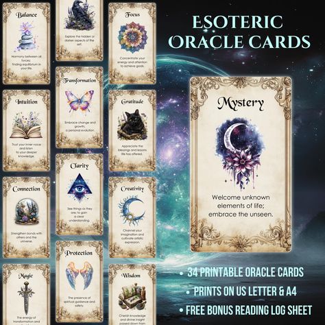 Esoteric Oracle Cards, Printable Oracle Deck JPG, Grimoire & Shadow Work, Divination Tool, Tarot Cards, Wicca, Bonus Oracle Journal Sheet by DigitalEffects on Etsy Orical Cards, Oracle Cards Messages, Printable Oracle Cards, New Oracle Decks, Oracle Card Altar, 7 Energies Oracle, Oracle Cards Decks, Starcodes Astro Oracle, Oracle Reading