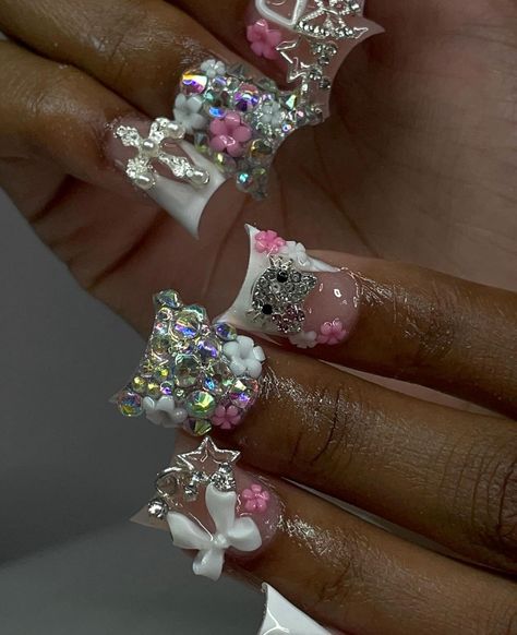 White Junk Nails, Junk Nails, Punk Nails, Duck Nails, Hard Nails, Colored Acrylic Nails, Girly Acrylic Nails, French Tip Acrylic Nails, Dope Nail Designs