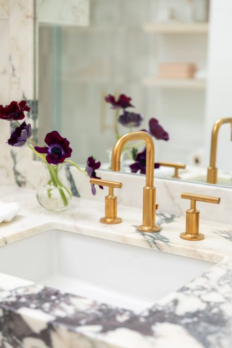 In <3 With My New Master Bathroom Kohler Brass Bathroom Faucet, Kohler Faucets Bathroom, Kohler Purist Bathroom Faucet, Kohler Purist Bathroom, Calacatta Paonazzo, Bronze Bathroom Fixtures, Polished Nickel Bathroom, Kohler Shower, Bedrosians Tile