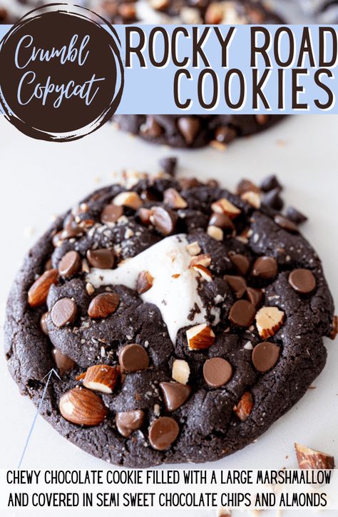 Fudgy chocolate cookies marbled with all the classic rocky road ingredients. Chocolate, marshmallows and almonds...OH MY, you are going to LOVE these cookies! |Cooking with Karli| Fall Crumble Cookies, Diy Crumble Cookies, Gourmet Cookies Recipes, Crumbl Recipes, Copycat Cookies, Crumbl Copycat, Rocky Road Cookies, Baking Competition, Big Cookies