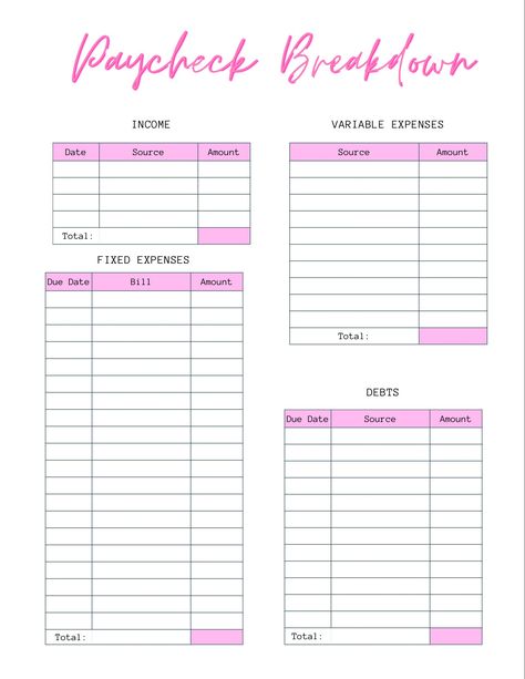 Paycheck Breakdown Template  Perfect for budgeting and cash stuffing  Digital Download - No refunds  NO physical item will be shipped Pay Check Budget, Cute Budget Template, Paycheck Breakdown Template, Budget By Paycheck Template, Paycheck Budget Printables, Budgeting Bullet Journal, Paycheck Planner, Debit Card Design, Budgeting Template