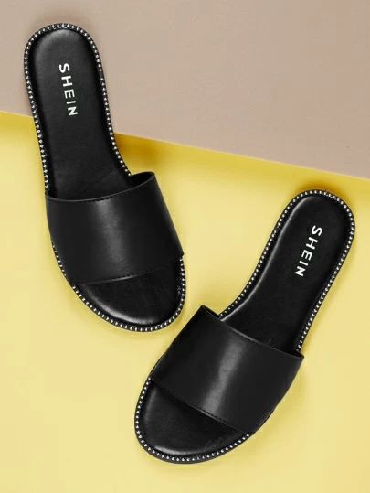 Shoes | Free Returns | SHEIN USA Sandals Shein, Shein Shoes, Women Flat Sandals, Strappy Flats, Black Slides, Black Stud, Flats Patterns, Rhinestone Trim, Slip On Mules