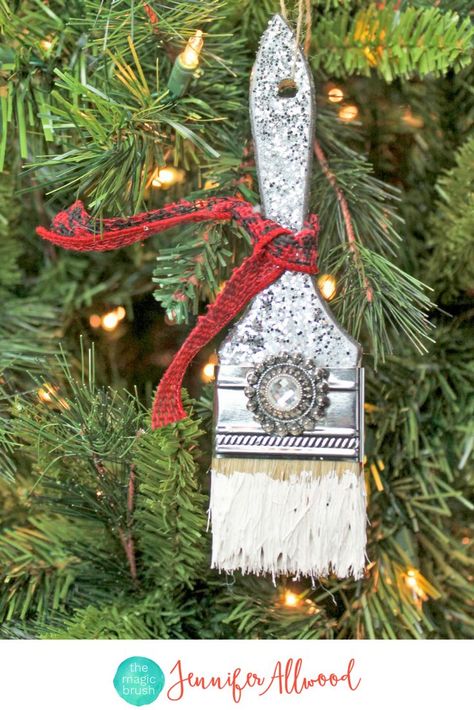 DIY Glittered Ornaments, Christmas Ornaments and Silver Glittered Paint Brushes | Magic Brush | Gift ideas for the DIYer Chip Brush Crafts, Travel Destinations Usa, Jennifer Allwood, Glitter Ornaments Diy, Brush Art, Fun Christmas Decorations, Glitter Ornaments, Glitter Diy, Crafts With Pictures