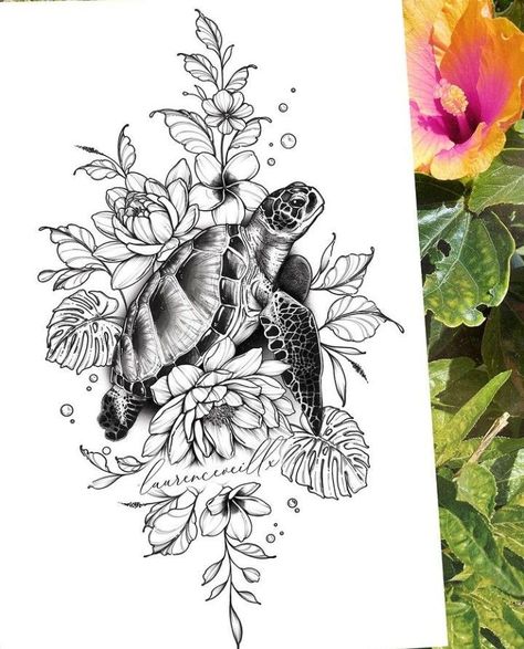 Turtle Flowers Tattoo, Turtle And Sunflower Tattoo, Hibiscus And Turtle Tattoo, Sea Turtle Thigh Tattoo, Turtle Tattoo Forearm, Flower And Ocean Tattoo, Floral Turtle Tattoo, Sea Turtle And Flower Tattoo, Turtle Compass Tattoo