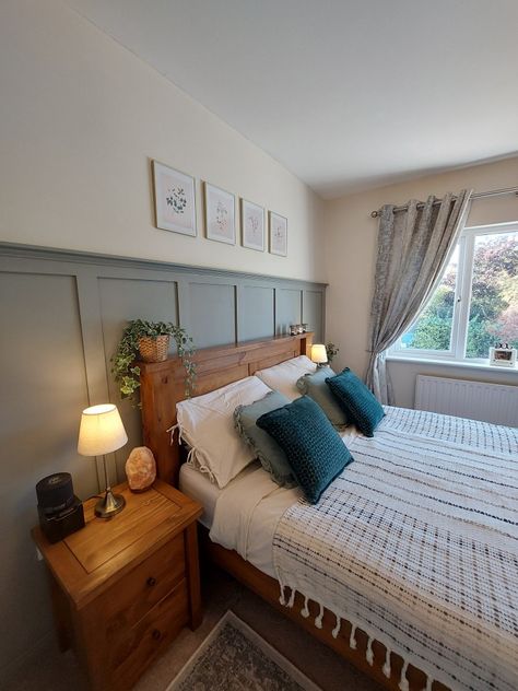 Bedroom 1930s House, Coloured Panelling Bedroom, White And Pine Bedroom, 1930s House Interior Bedroom, New Build Bedroom Ideas Uk, Wood Panel Bedroom Ideas, School House White Bedroom, Panelled Walls Bedroom Blue, Half Panneling Rooms Bedroom