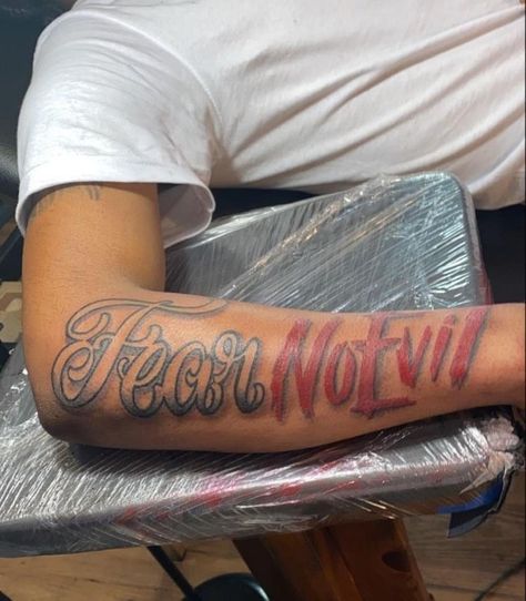 Men Word Tattoos, Fear Tattoo Men, Fear Nothing Tattoo, Fear None Tattoo Men, Fear None Tattoo, Fear No Evil Tattoo, Calf Sleeve Tattoo, Arm Tattoos Lettering, Fear Tattoo