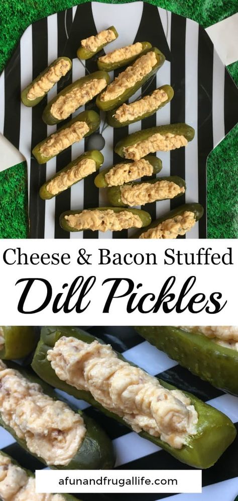 Impress your guests with these tasty Cheese & Bacon Stuffed Dill Pickles.  If they love dill pickles, they're going to love this quick & easy appetizer! #dillpickles #pickles #quick&easyrecipe #appetizers #gamedayfood Stuffed Dill Pickles, Reuben Dip, Dill Pickle Soup, Bacon Grill, Pickle Dip, Jalapeno Popper Dip, Hot Brown, Bacon Appetizers, Quick And Easy Appetizers