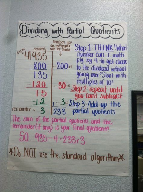 Dividing with partial quotients Long Division Partial Quotients, Division Partial Quotients, Partial Quotients Division Anchor Chart, Partial Quotient Division Anchor Chart, Partial Quotient Anchor Chart, Partial Quotient Division, Partial Quotient, Partial Quotients, Math Charts