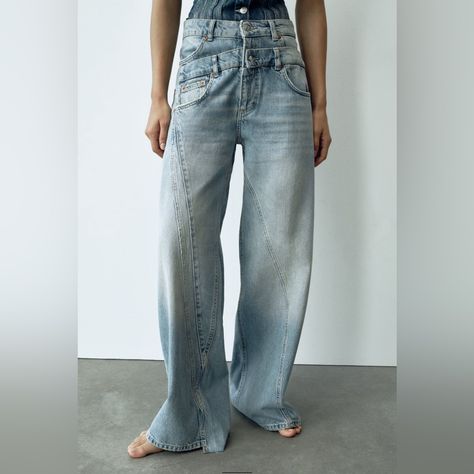 Zara Wide Leg Double Waistband Jeans Size 28 (Us 6) Self Cultivation, Streetwear Jeans, Denim Patterns, Vintage Belt, Long Trousers, Pants Casual, Denim Trousers, Wide Leg Denim, Straight Pants